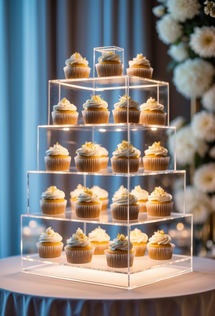 A clear acrylic cupcake holder with LED lights displaying decorated cupcakes at a wedding.