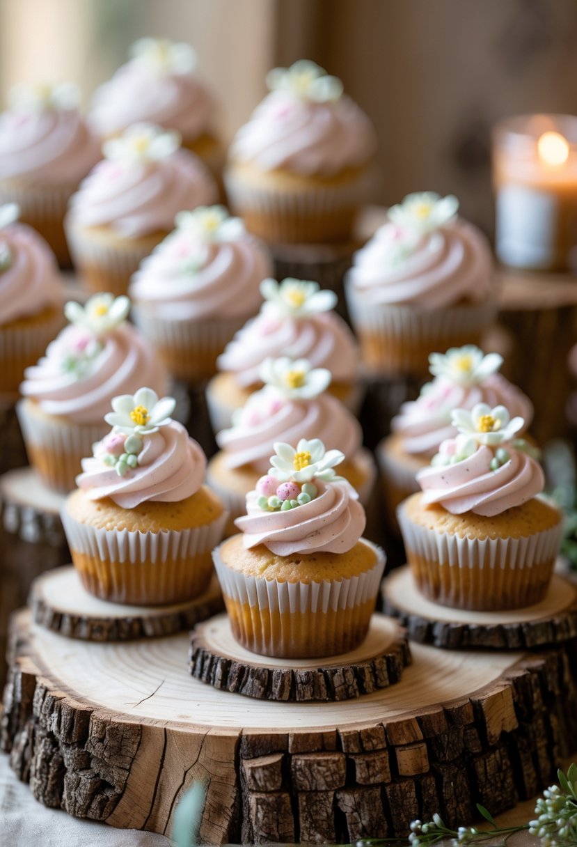 Cupcakes arranged on rustic wooden slices with pastel frosting and floral decorations.