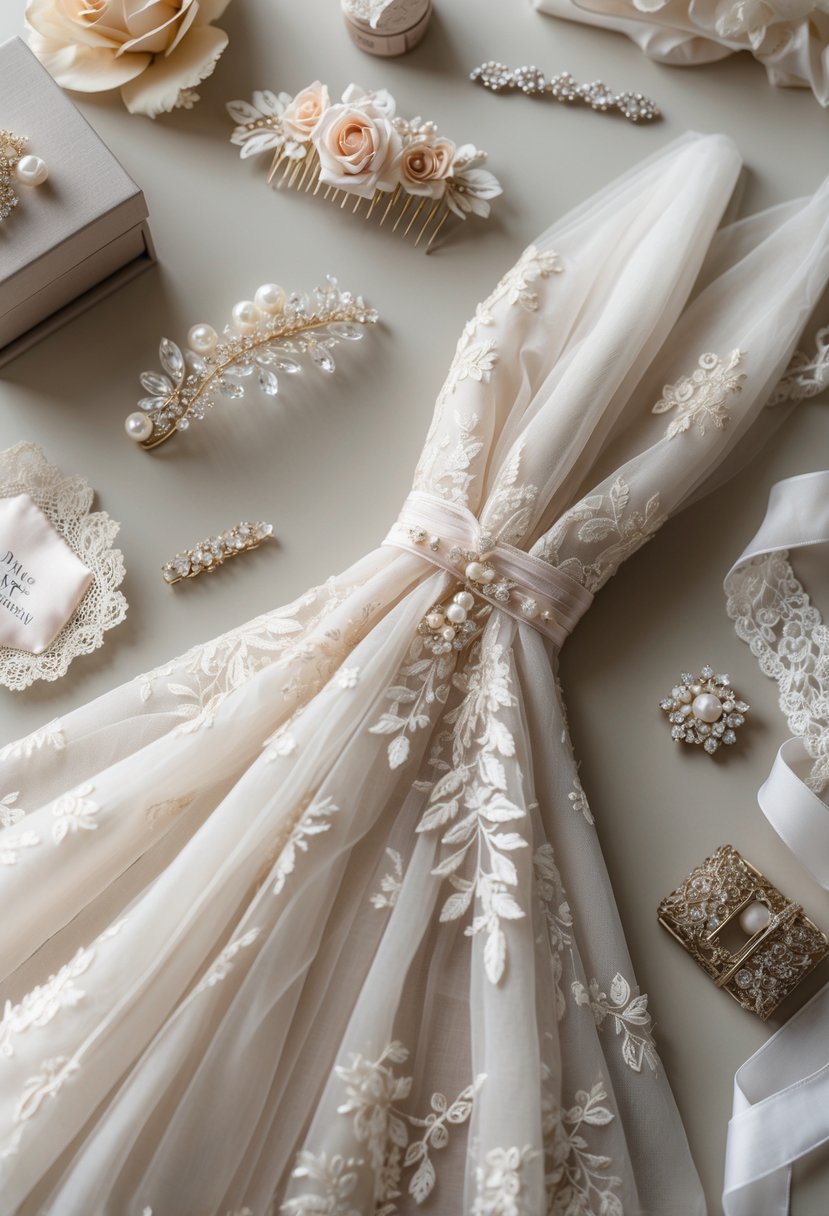 Close-up of a wedding dress fabric with hair accessories and wedding keepsake items arranged nearby on a soft background.