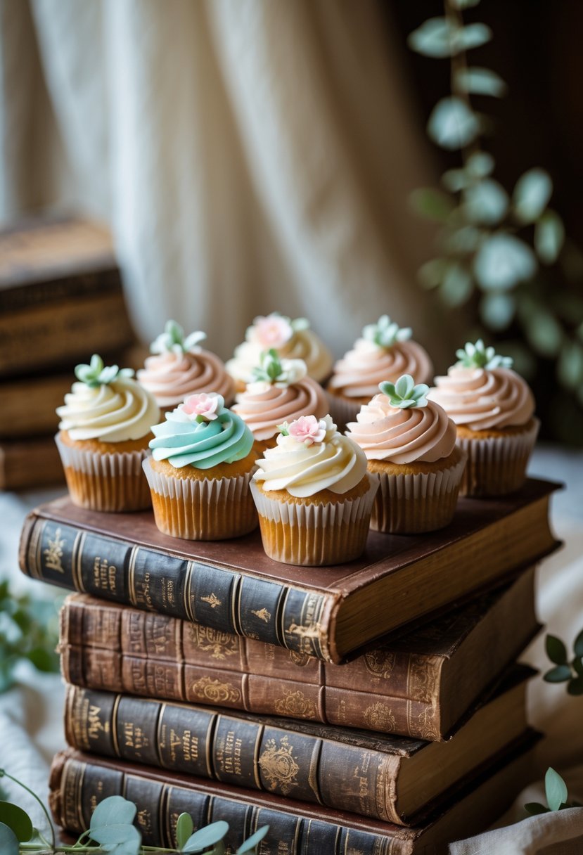 A display of decorated cupcakes arranged on a stack of antique books with a softly blurred background.