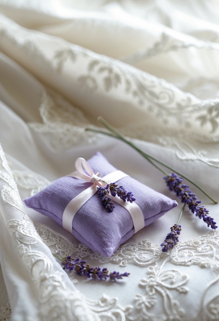 A lavender sachet resting on a white wedding dress with lace details.