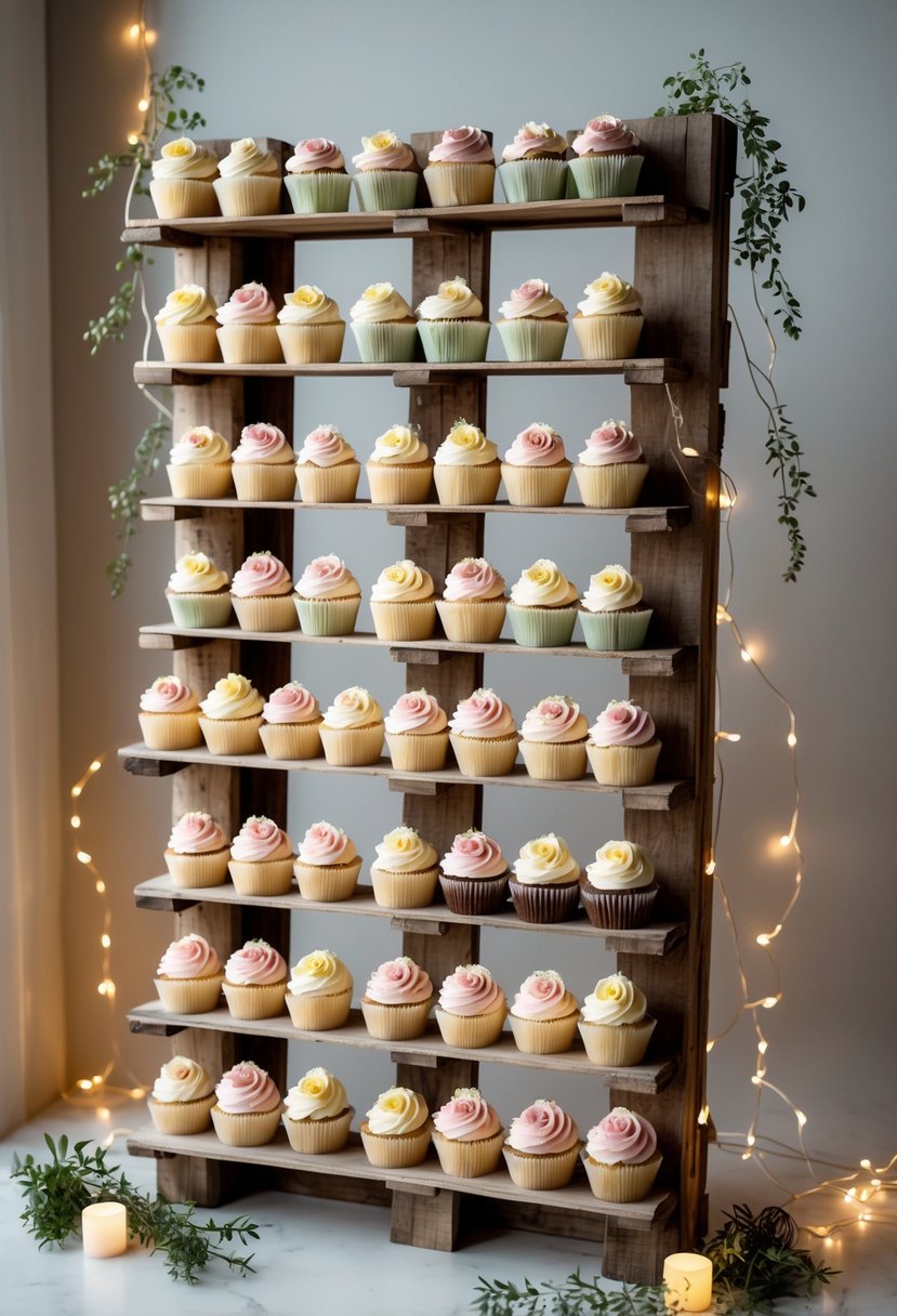 A rustic wooden pallet wall displaying multiple tiers of decorated cupcakes arranged for a wedding.