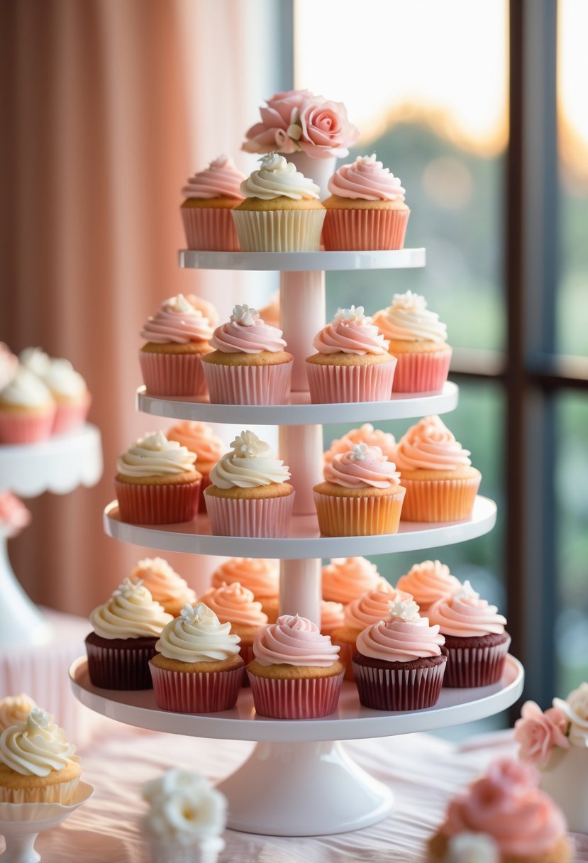 Cupcakes arranged in a gradient of colors on a multi-tiered stand at a wedding display.