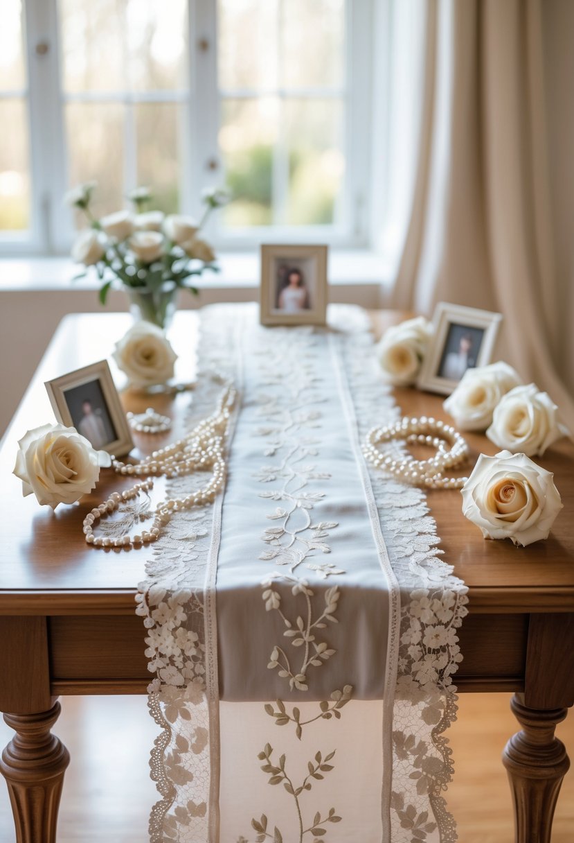 A wedding dress fabric table runner laid out on a wooden table with wedding keepsakes including lace gloves, pearl necklaces, framed photos, and white flowers.