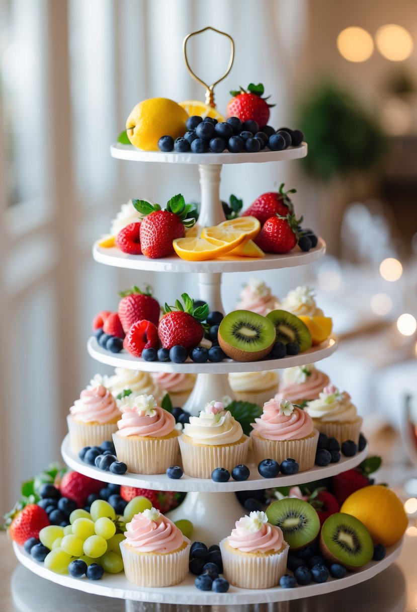 A tiered cake stand displaying fresh fruit and decorated wedding cupcakes.