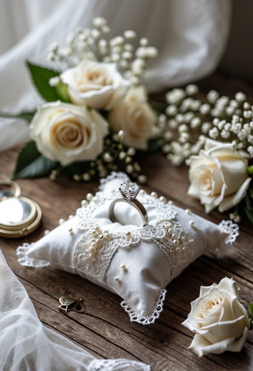 A wedding dress ring pillow with lace and pearls on a wooden table, surrounded by white roses and a silver locket.