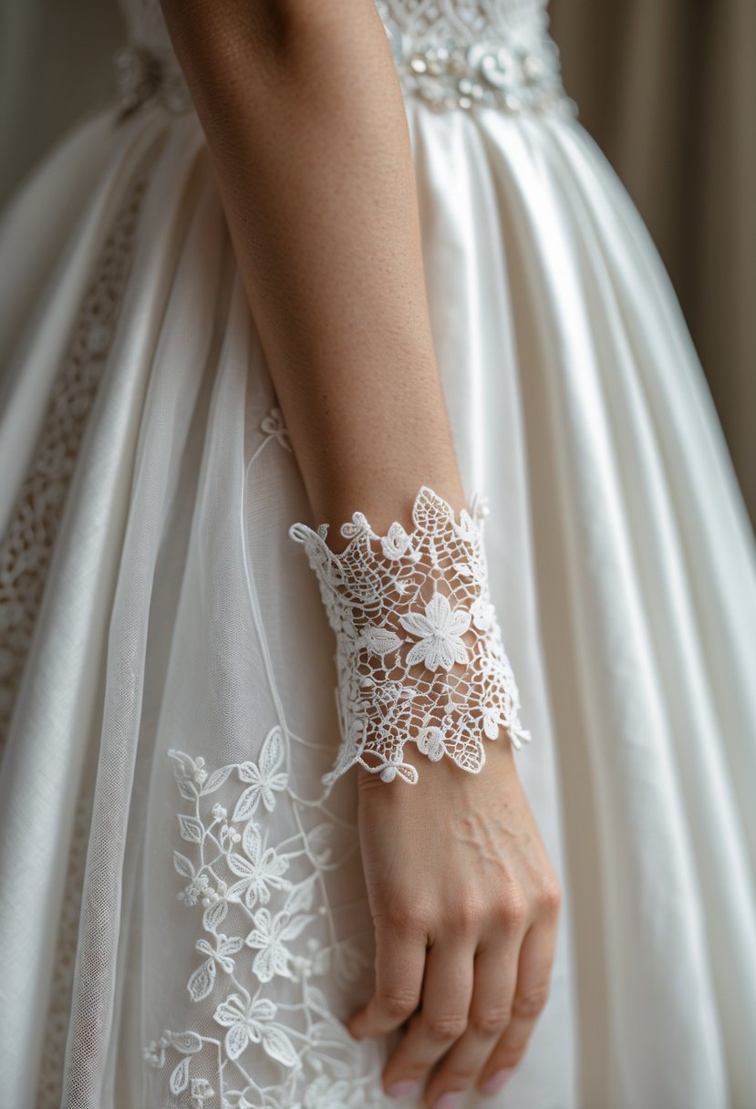 Close-up of a lace bracelet resting on the sleeve of a white wedding dress.