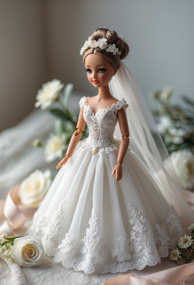 A miniature doll wearing a detailed white wedding dress surrounded by small flowers and ribbons on a soft surface.