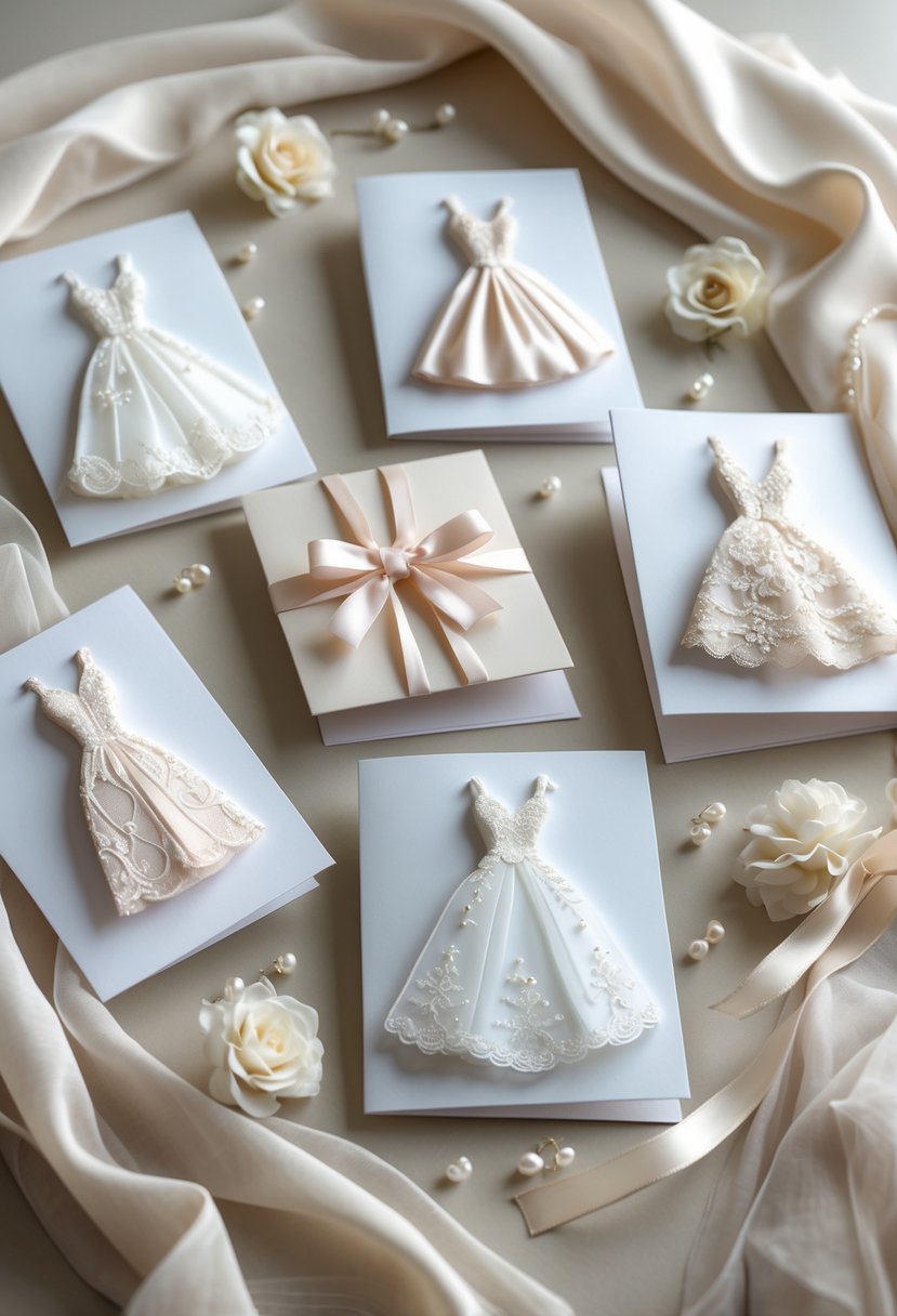 A collection of wedding dress fabric greeting cards arranged with flowers and ribbons on a soft surface.