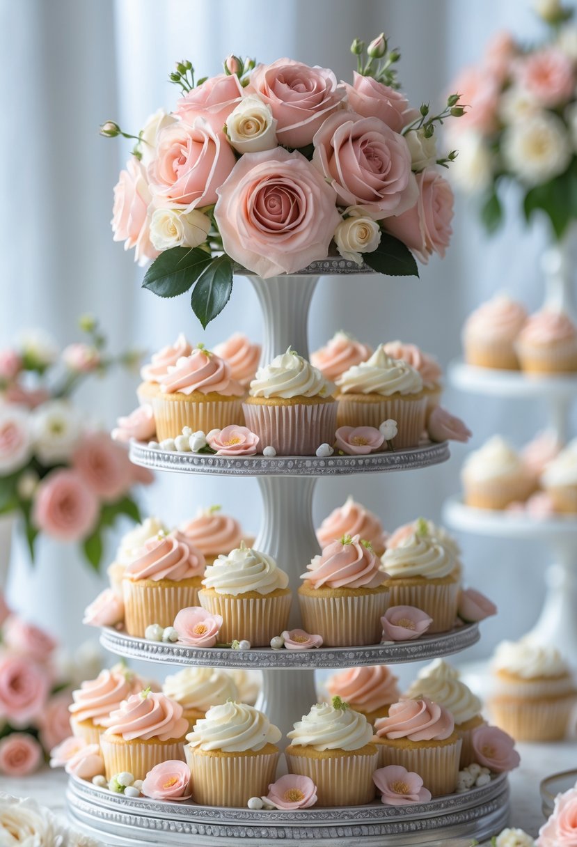 A multi-tiered cupcake stand decorated with fresh roses and cupcakes topped with delicate frosting and flower petals.