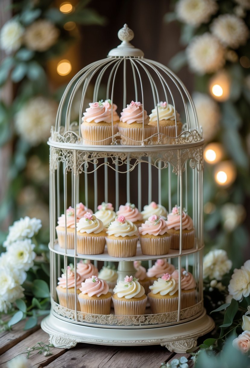 A vintage birdcage cupcake holder filled with decorated cupcakes on a wooden table surrounded by flowers.