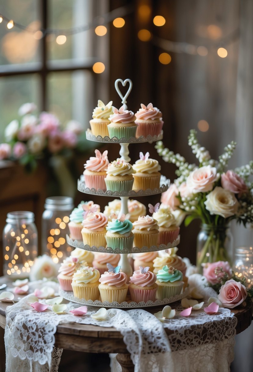 A multi-tiered cupcake stand with pastel cupcakes decorated with flowers and frosting on a lace-covered wooden table surrounded by rose petals and small flower bouquets.