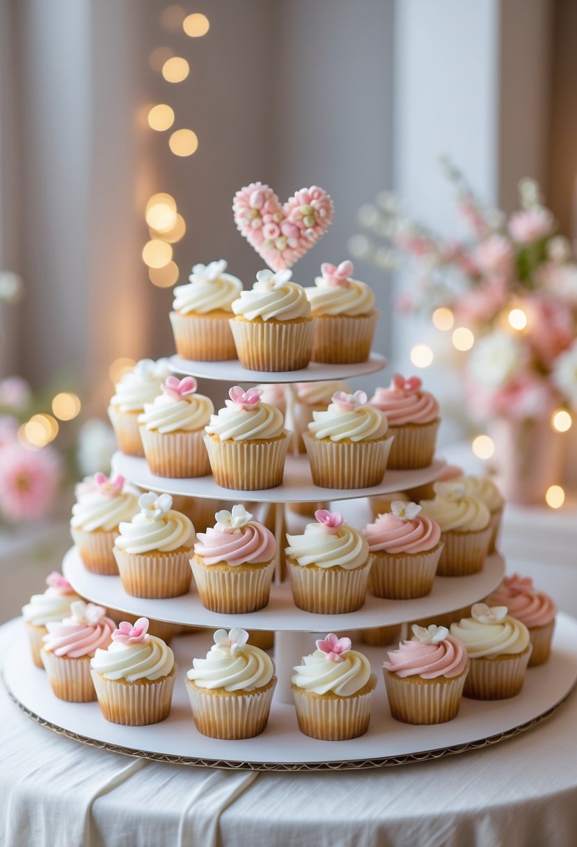 Heart-shaped tiered arrangement of decorated cupcakes on a table for a wedding celebration.
