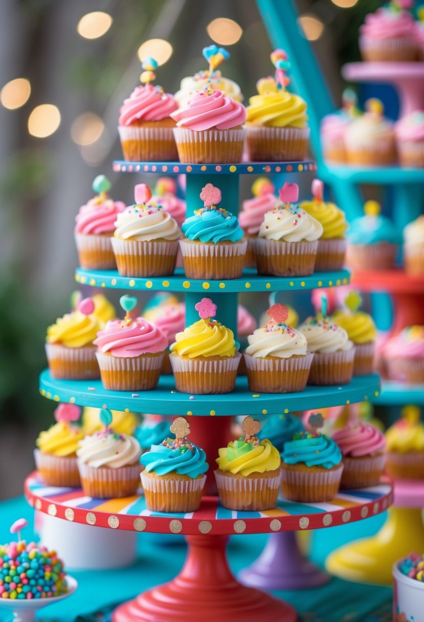 A colorful multi-tiered cupcake tower with vibrant cupcakes on decorative stands.