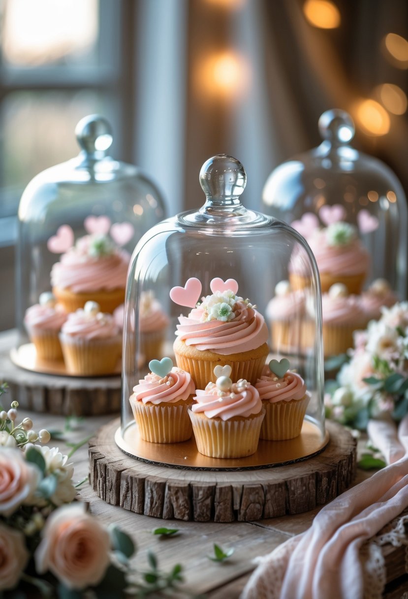 Cupcakes decorated with romantic wedding-themed toppings displayed under glass covers on a wooden table with flowers.