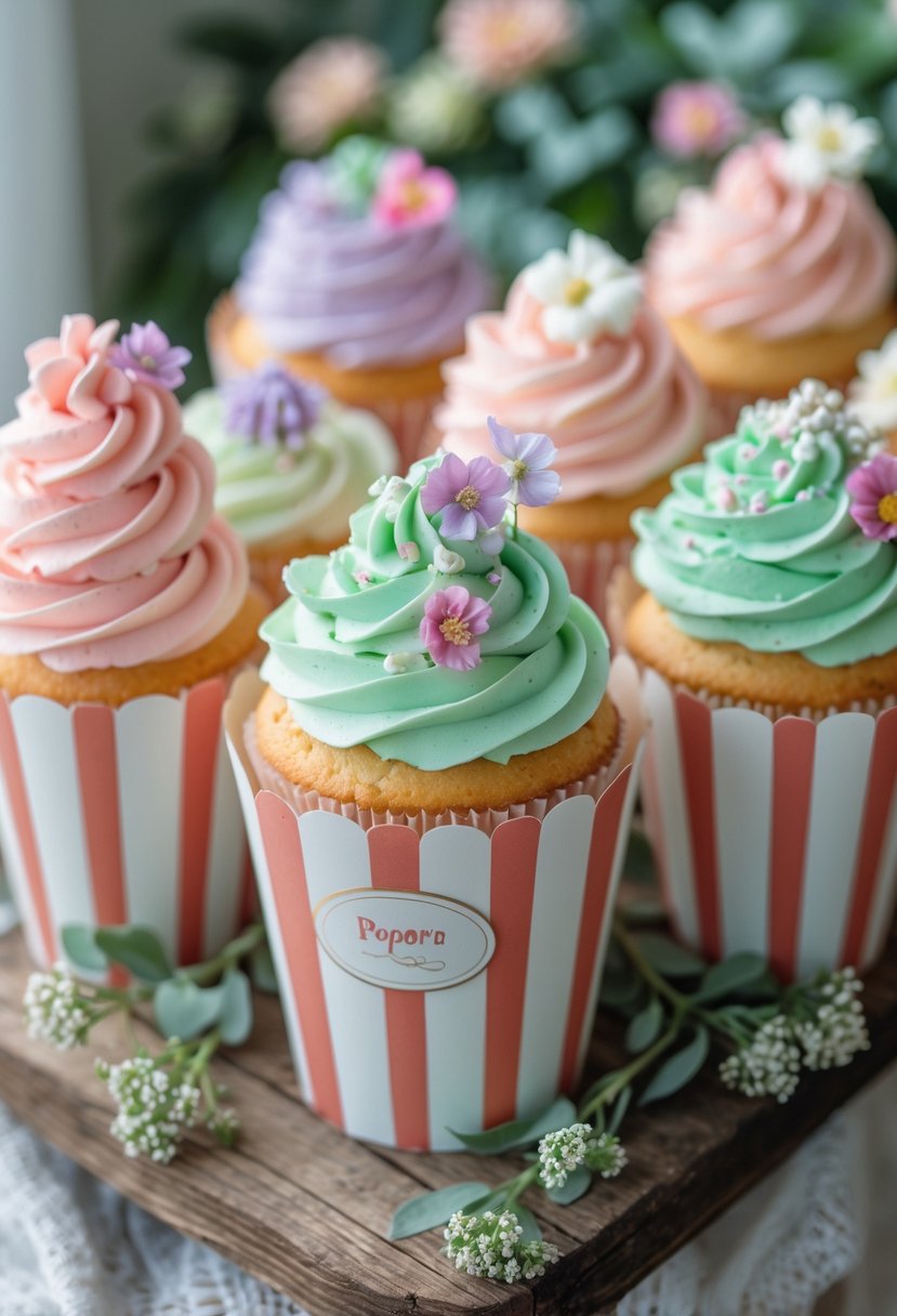Cupcakes with pastel frosting arranged in vintage red and white striped popcorn containers on a wooden table with greenery and flowers.