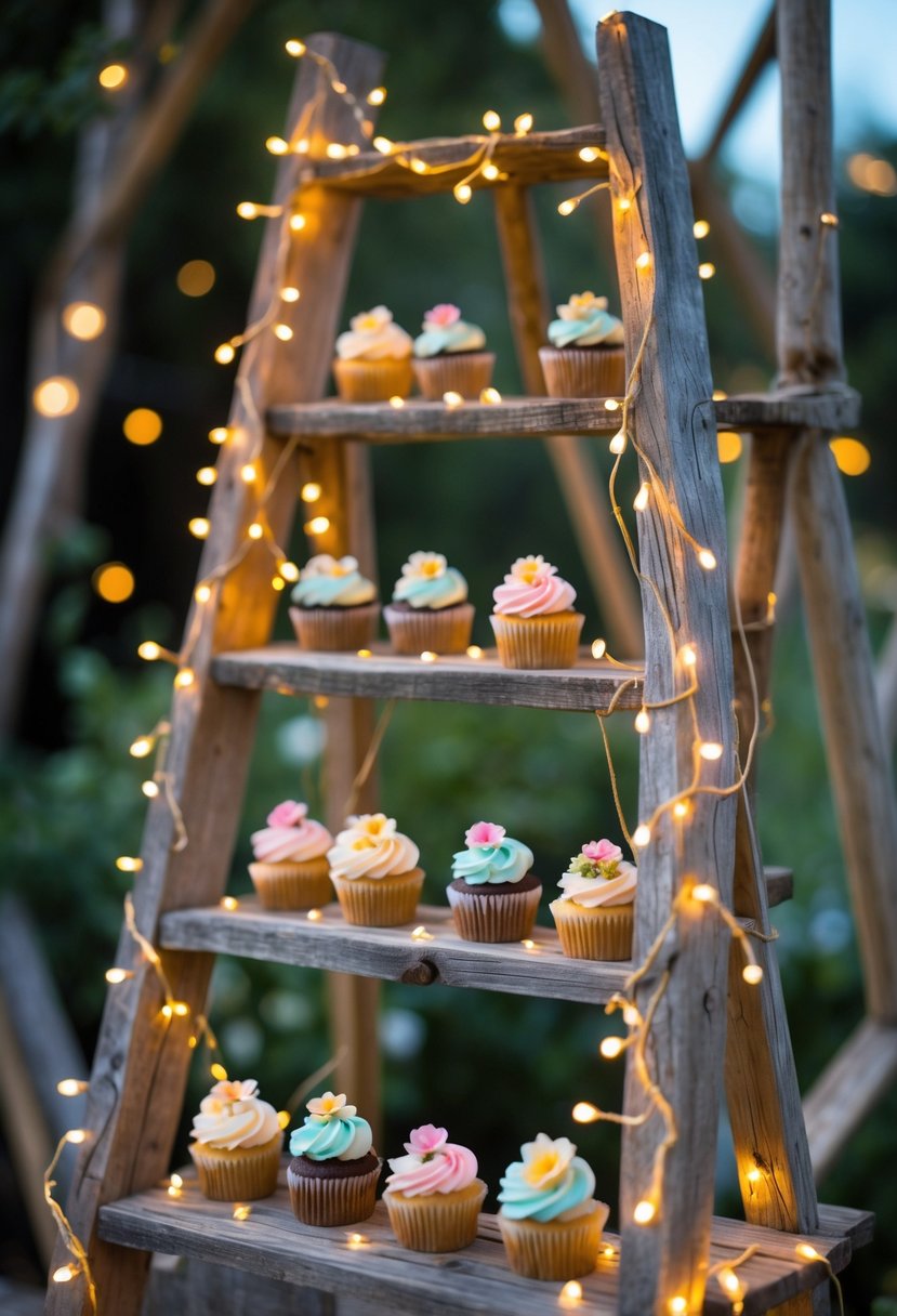 Rustic wooden ladder decorated with fairy lights displaying cupcakes at a wedding.