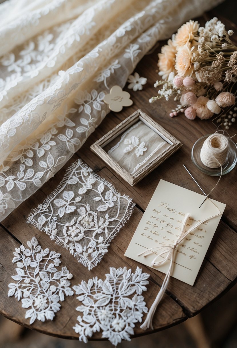 Flat lay of wedding dress fabric pieces, a framed fabric swatch, a sewing needle with thread, a handwritten note, and a dried flower bouquet on a wooden table.