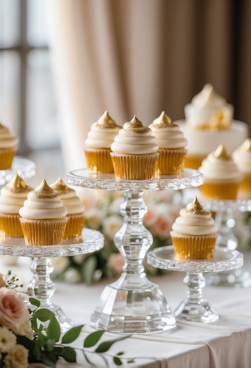 A display of gold-dusted cupcakes on clear crystal stands with floral decorations on a white table.