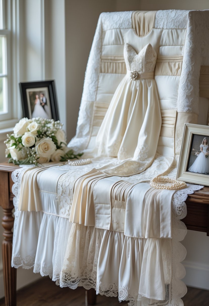 A wedding dress memory quilt made from white and ivory fabrics displayed on a wooden table with wedding keepsakes nearby.