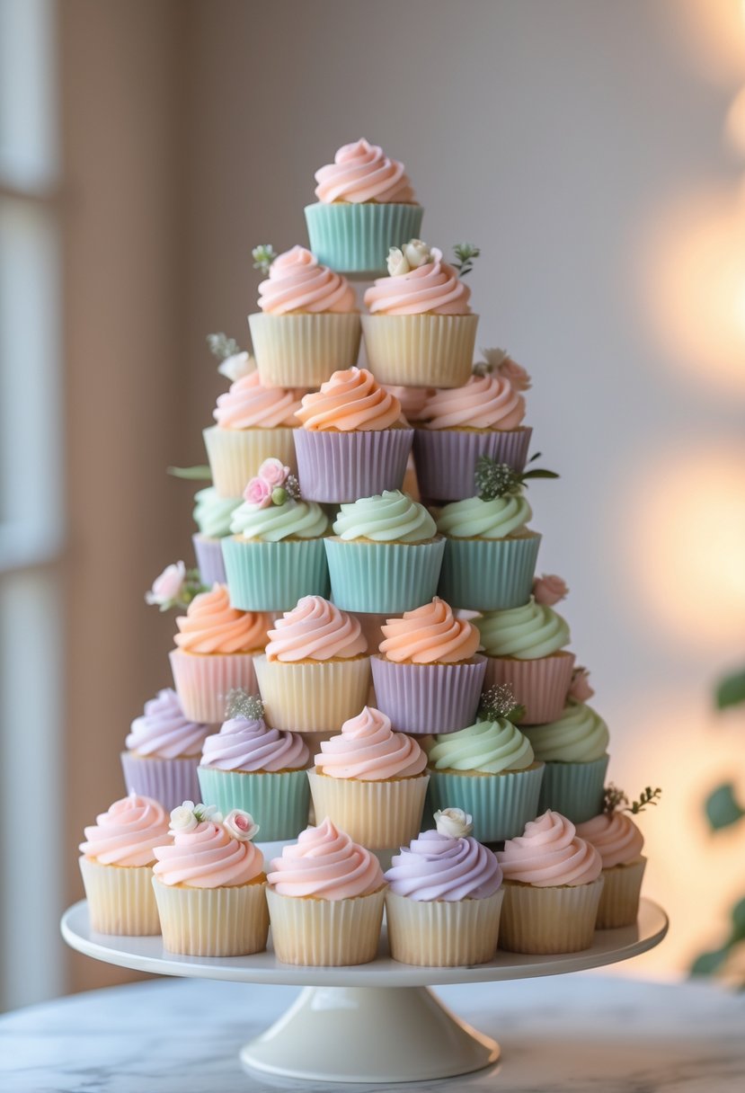Stacked tiers of pastel ombre cupcakes with floral decorations arranged for a wedding display.