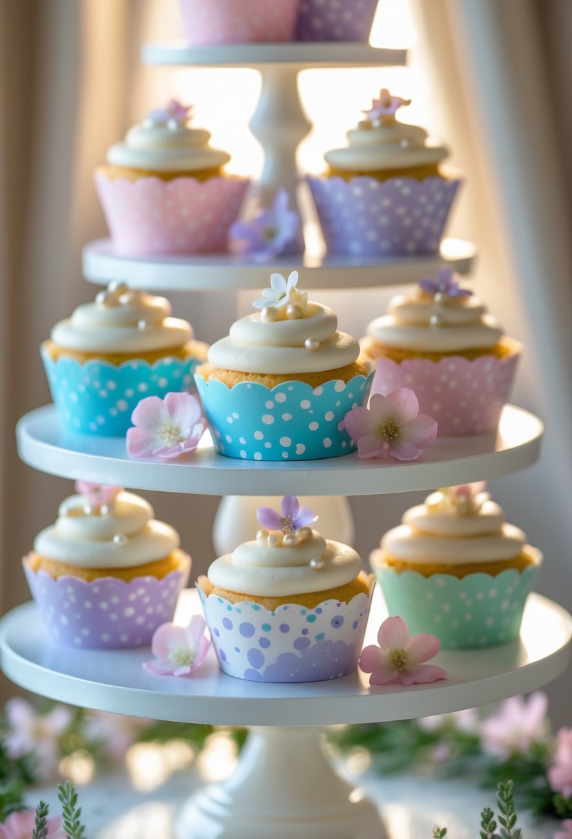 A display of cupcakes wrapped in pastel confetti paper arranged on a multi-tiered stand with floral decorations.