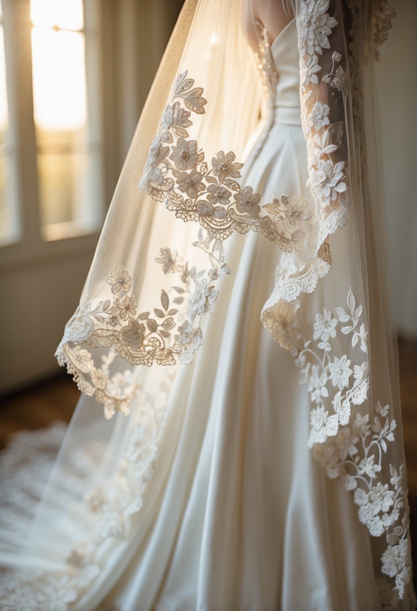 Close-up of a delicate lace bridal veil draped over a white wedding dress.