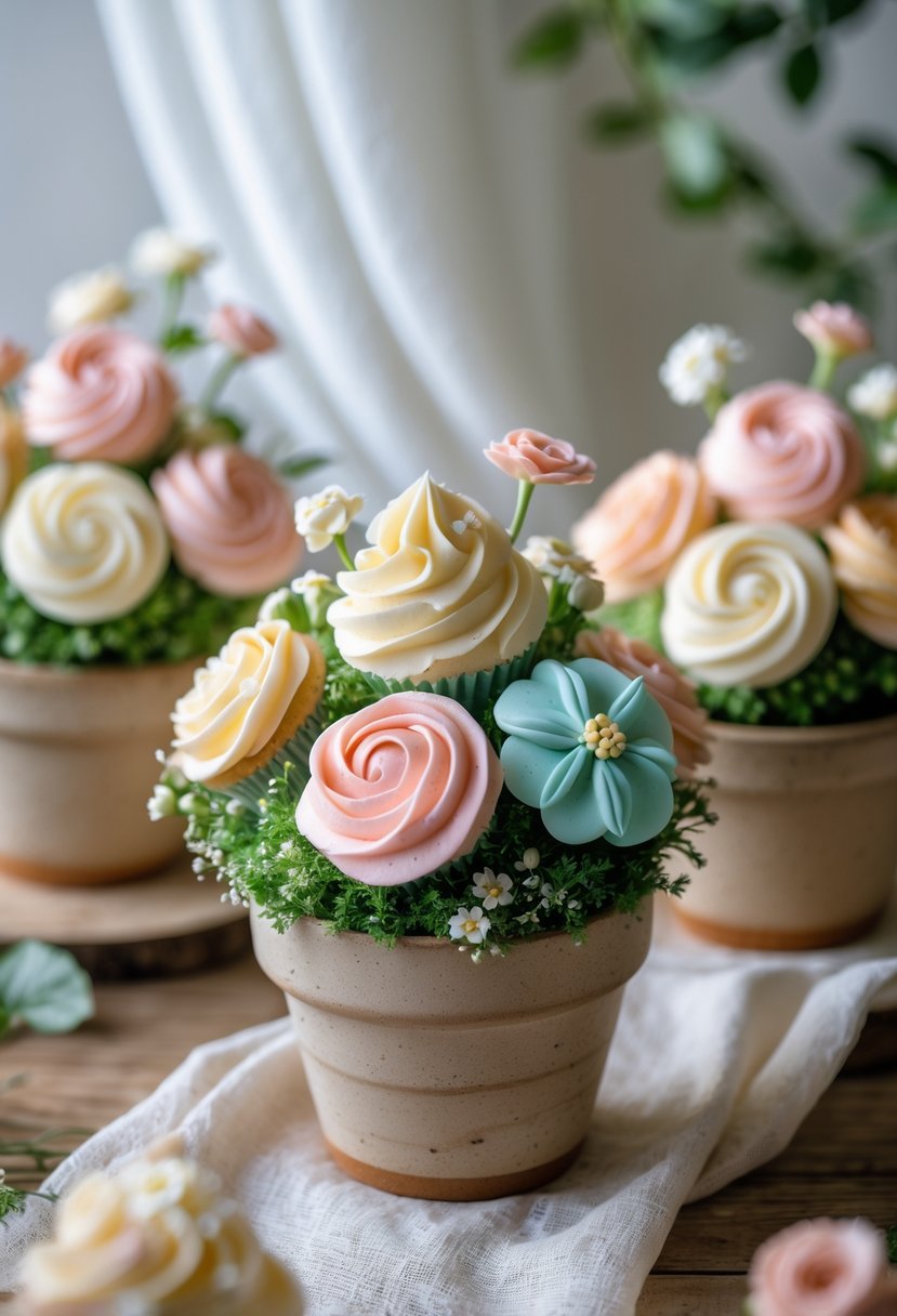 Mini cupcakes decorated like flowers arranged in flower pots on a wooden table with a blurred background.