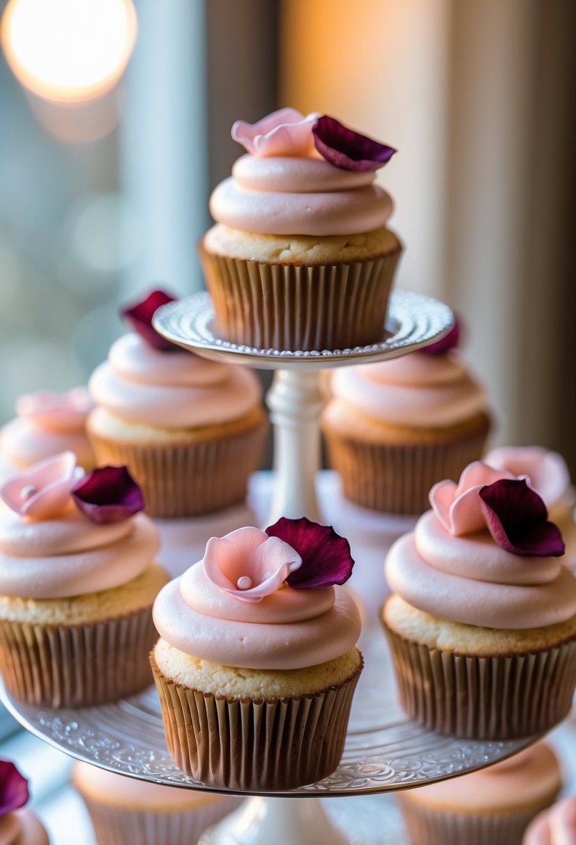 A tiered display of cupcakes topped with edible rose petals arranged for a wedding.