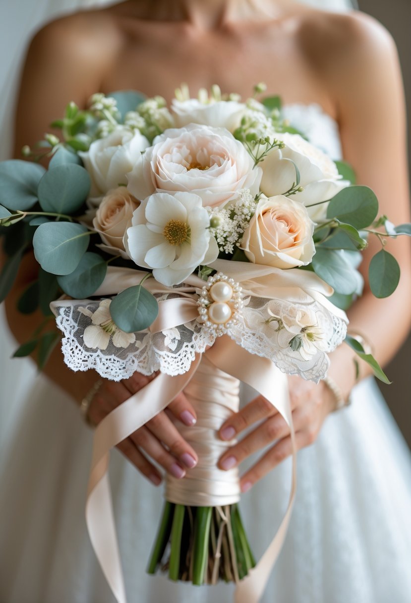 Close-up of a bride's hands holding a wedding bouquet wrapped in a delicate handmade fabric wrap with flowers.
