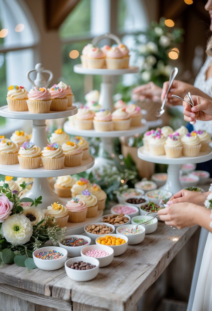 A wedding cupcake bar with guests adding toppings to cupcakes from an interactive station with various colorful toppings on a decorated table.