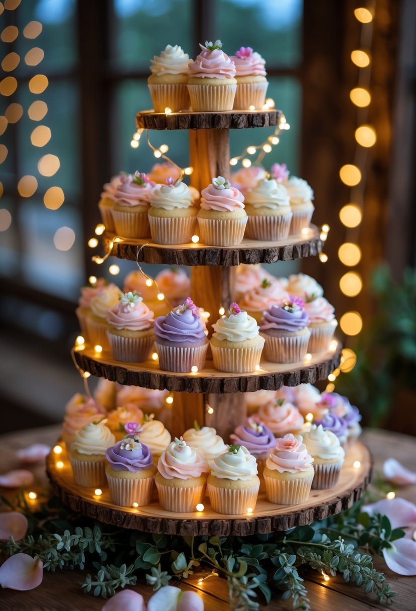 A multi-tiered cupcake tower wrapped in fairy lights on a wooden table with rose petals and greenery.
