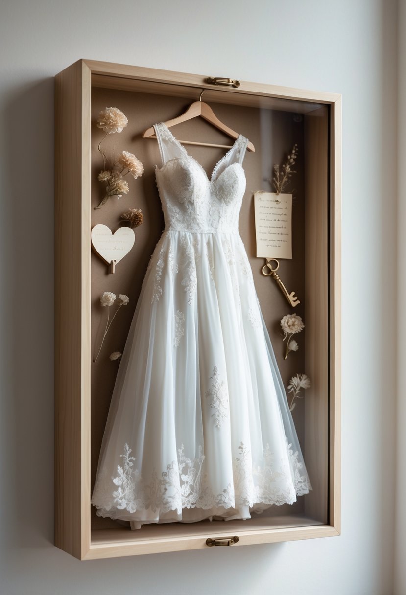 A shadow box mounted on a white wall containing a piece of a white wedding dress fabric along with dried flowers, a vintage key, and a handwritten note.