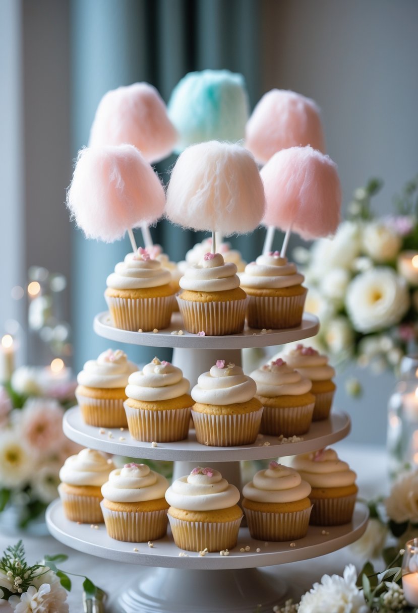 A tiered stand of cupcakes topped with colorful candy floss in a wedding setting.