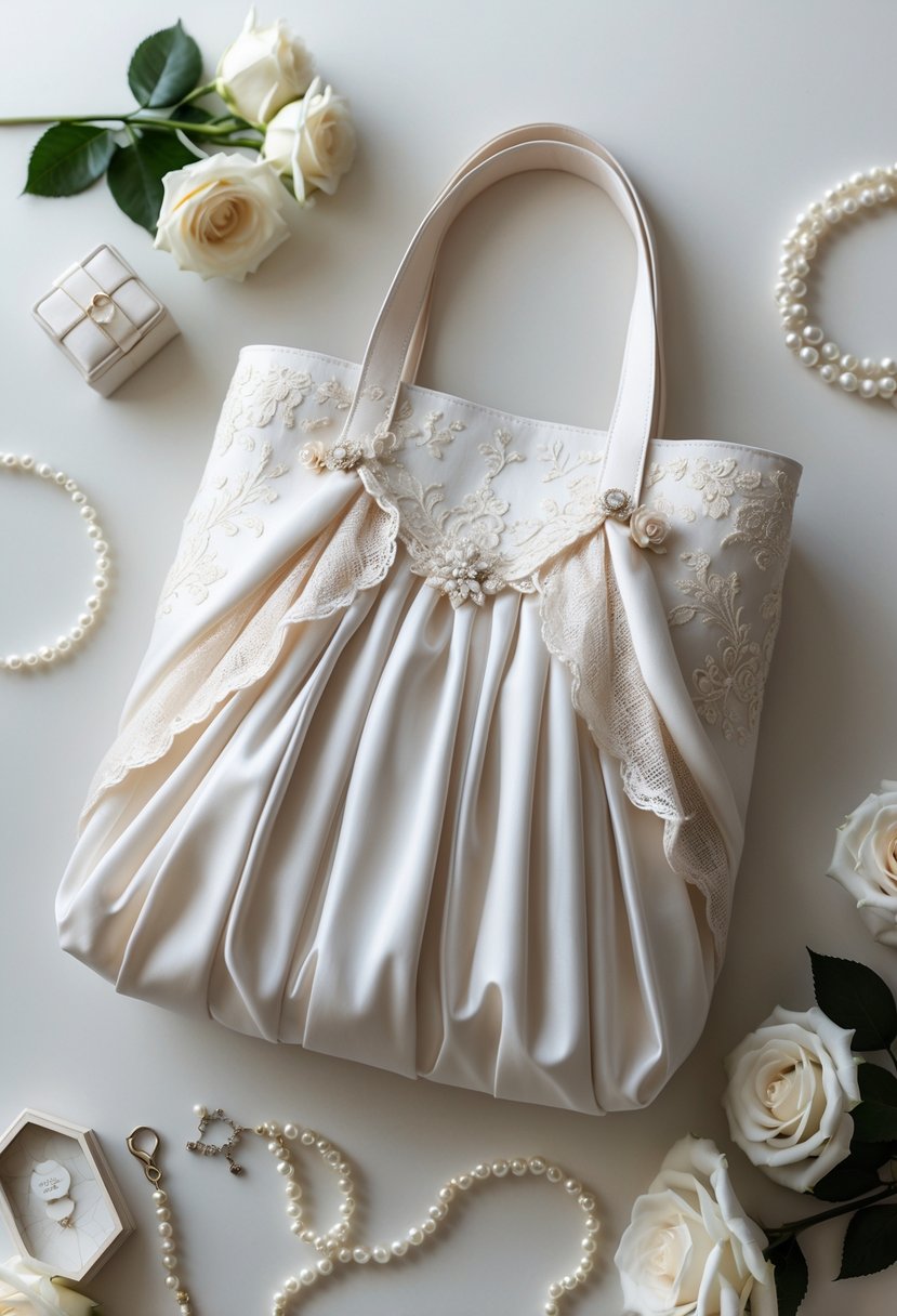 A tote bag designed to look like a wedding dress, displayed with wedding-themed items like white roses and pearls.