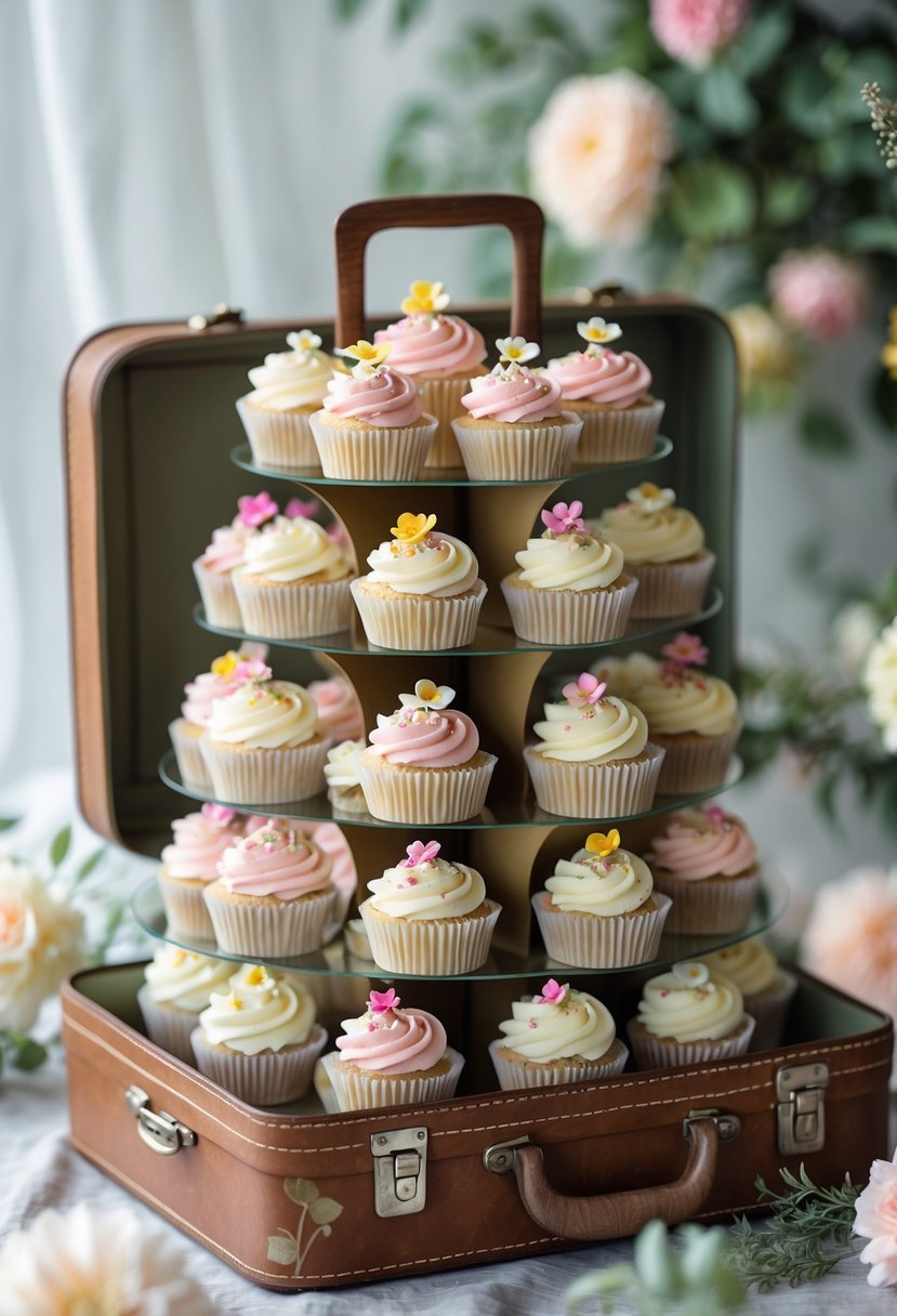 Cupcakes arranged on tiered shelves inside an open vintage suitcase, decorated with pastel frosting and small flowers.
