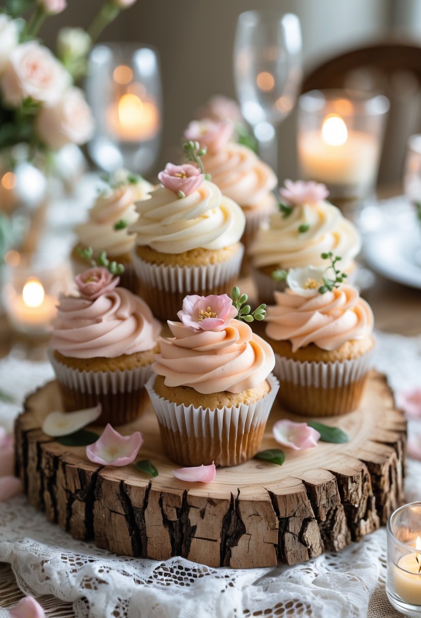 A wooden slice pedestal holding pastel-colored cupcakes decorated with flowers on a lace-covered table with soft natural lighting.