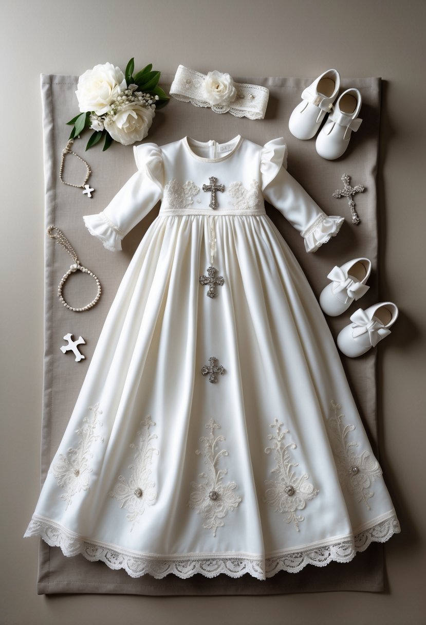 A white christening gown with lace and embroidery displayed with a silver cross pendant, baby shoes, and a floral headband on a soft background.