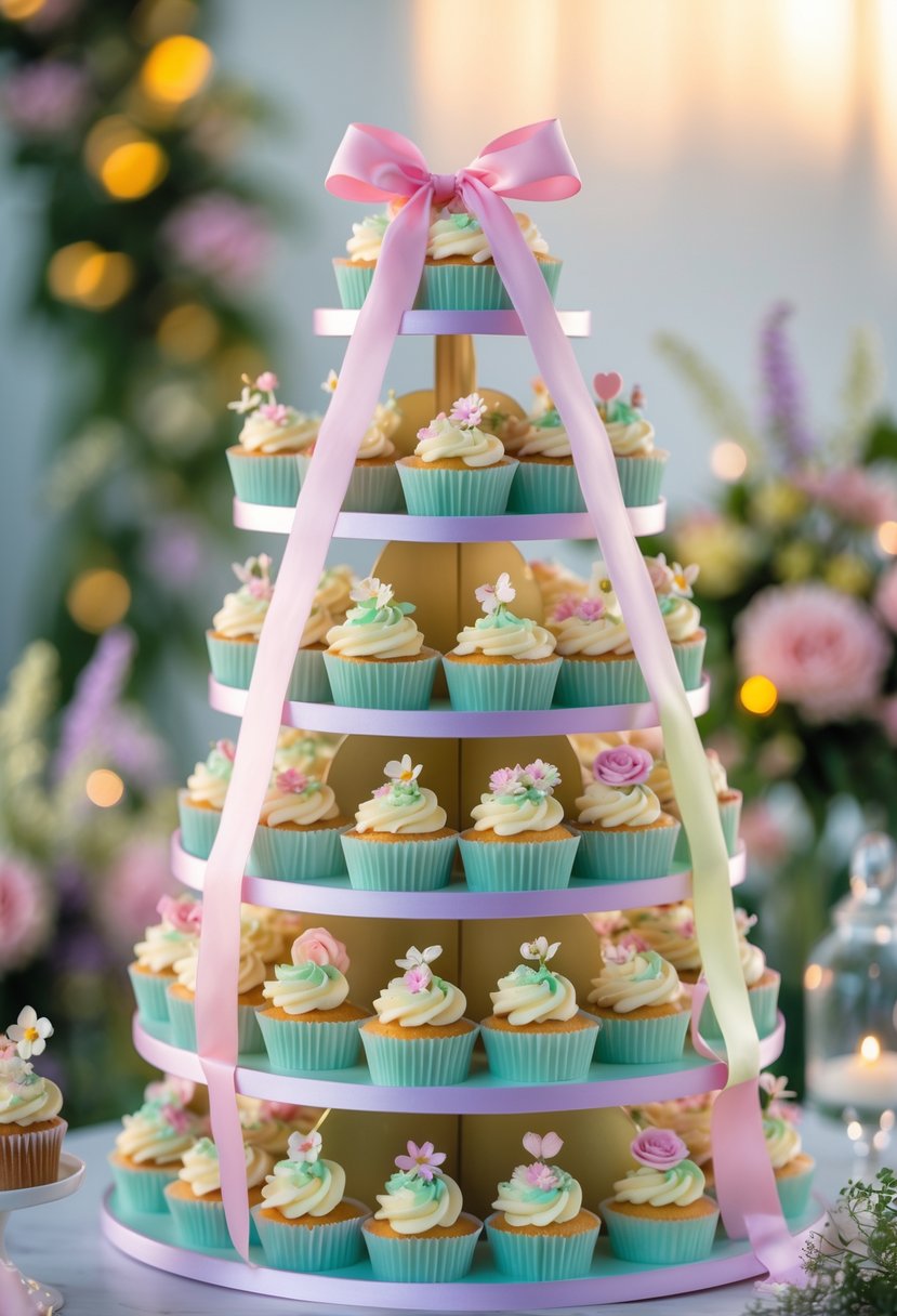 Tiered cupcake stand decorated with colorful ribbons and various decorated cupcakes arranged for a wedding display.