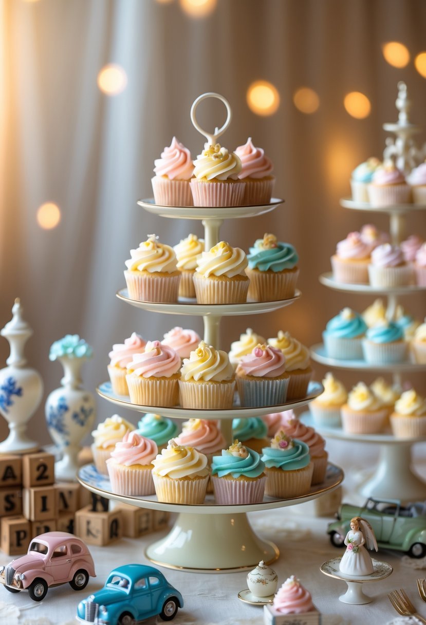 A display of decorated wedding cupcakes arranged with vintage toy props on a table.