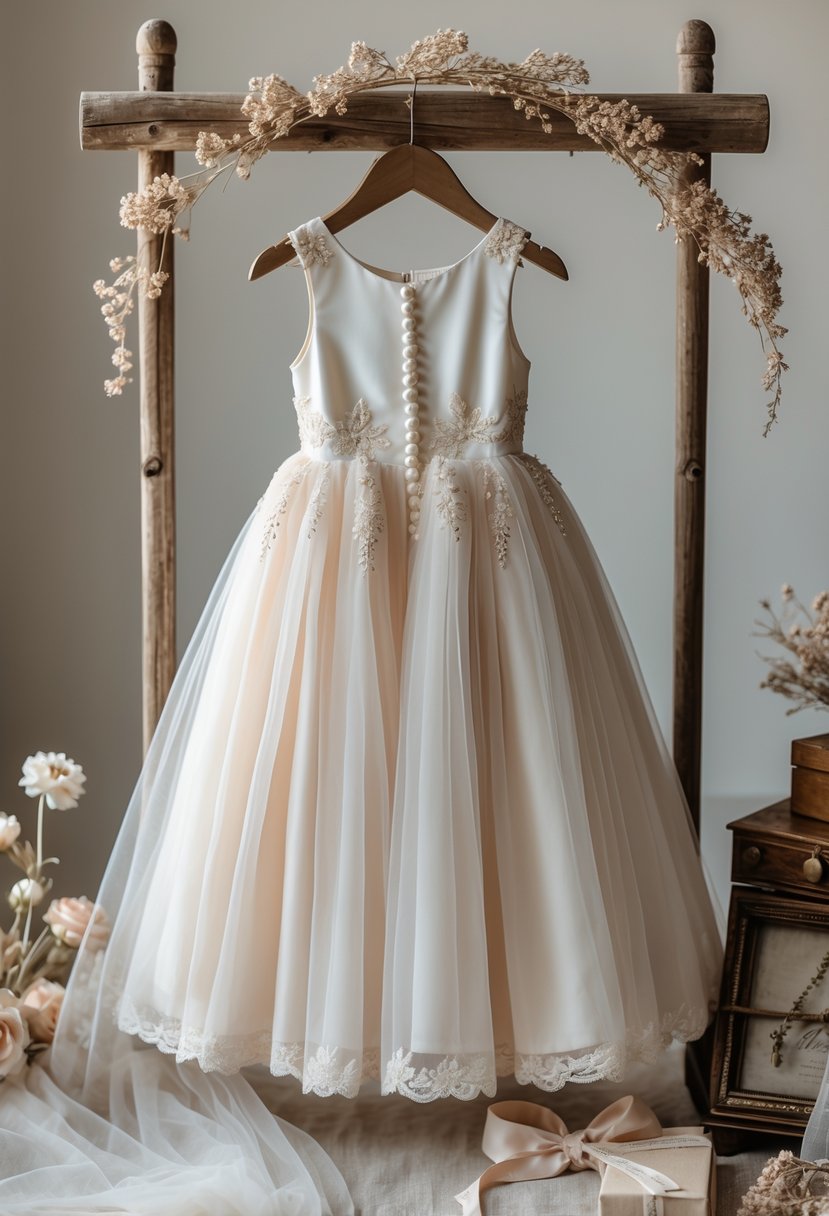 A delicate flower girl dress made from elegant gown material displayed on a wooden hanger with wedding keepsake items around it.