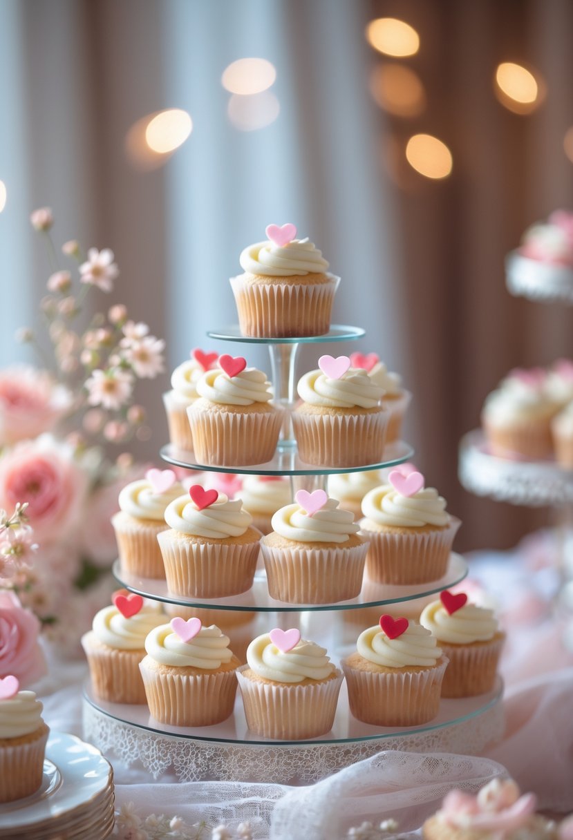 A tiered stand displaying cupcakes topped with tiny sugar hearts in pastel colors, set in a romantic wedding setting.