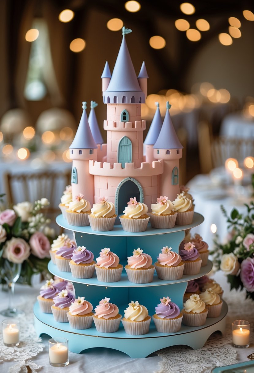 A fairy tale castle cupcake stand holding pastel-colored cupcakes on a decorated wedding table.