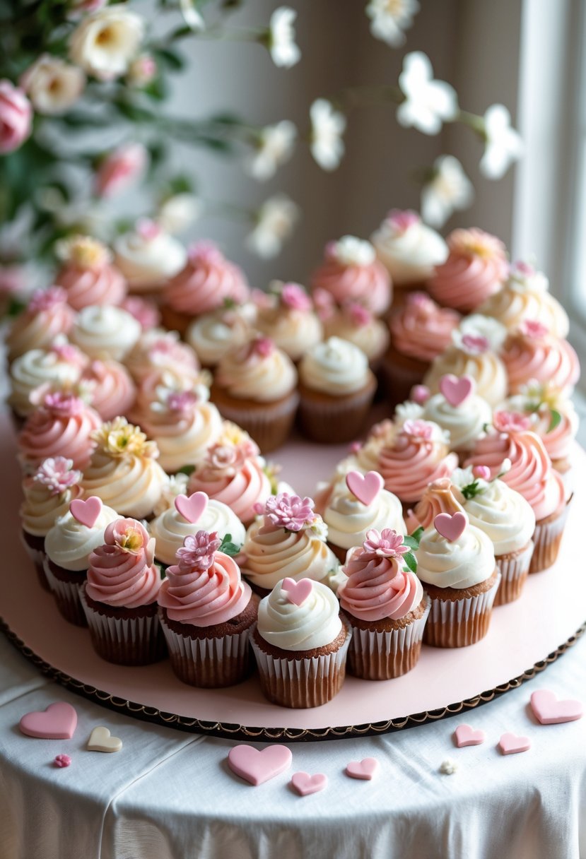 Cupcakes arranged in the shape of a large heart on a table, decorated with pastel frosting and small edible flowers.