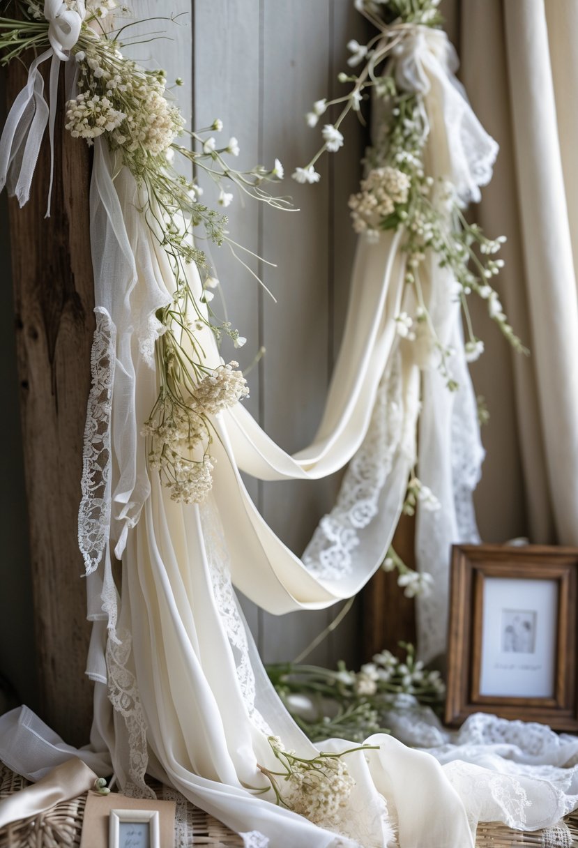 A delicate wedding dress fabric garland with dried flowers and greenery displayed against a rustic wooden background.