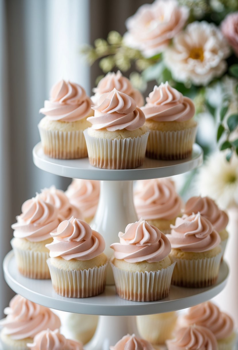 A display of white cupcakes with blush pink frosting rosettes arranged on a tiered stand with soft floral decorations in the background.