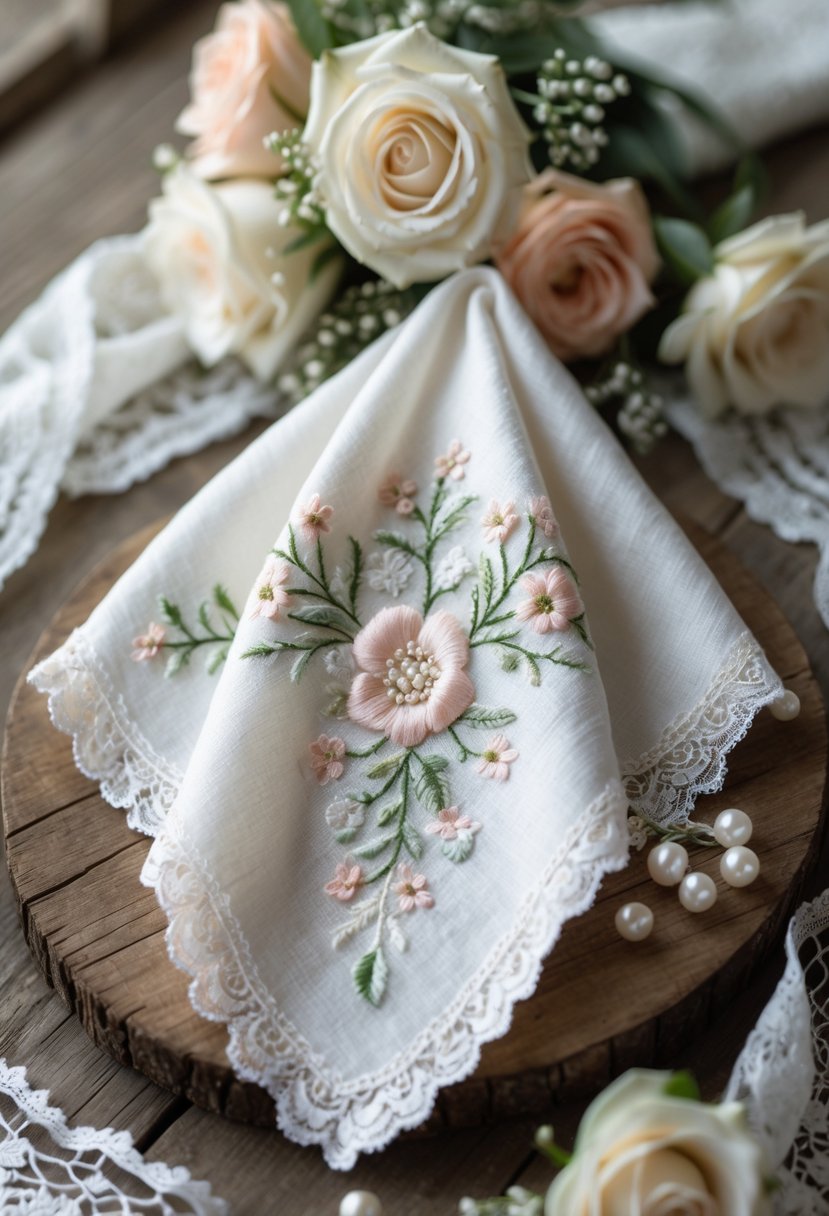 An embroidered wedding dress handkerchief displayed on a wooden surface with flowers and wedding decorations around it.