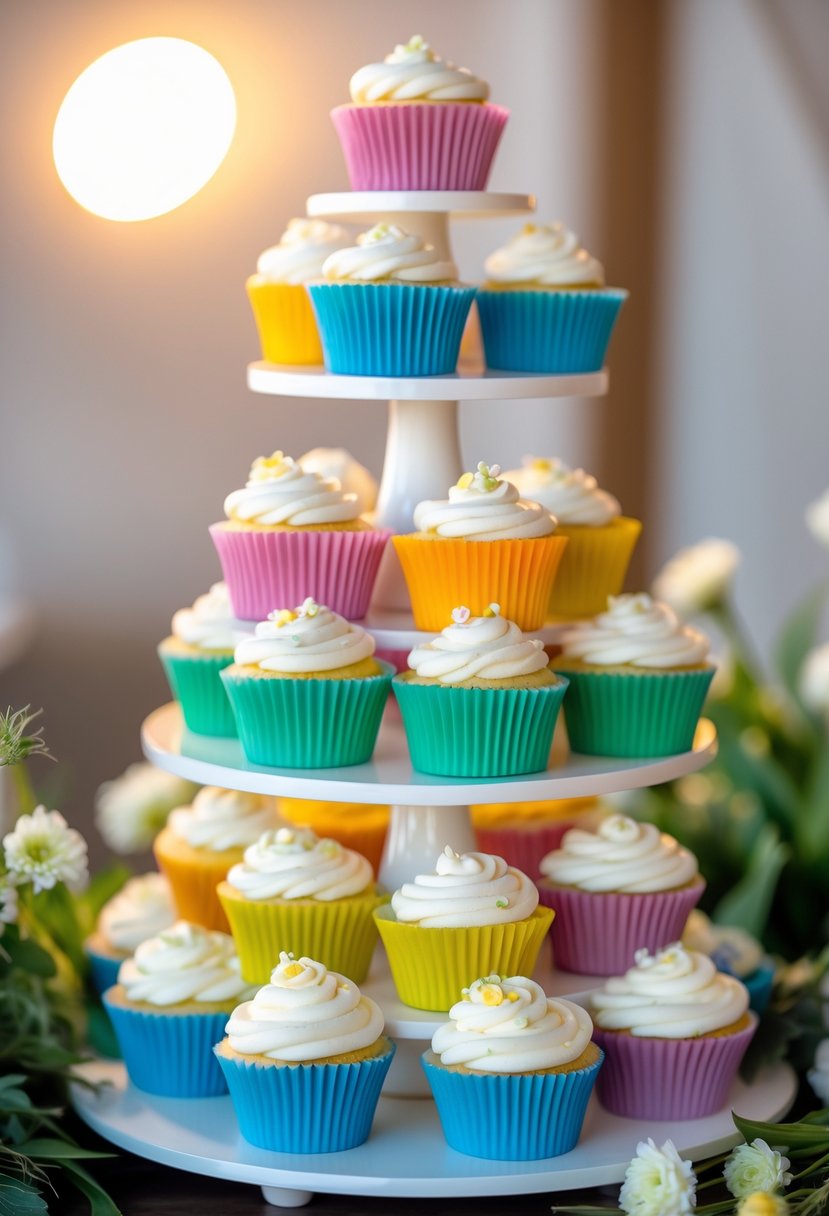 A multi-tiered cupcake stand displaying cupcakes in brightly colored liners arranged in rainbow order with frosting and floral decorations.