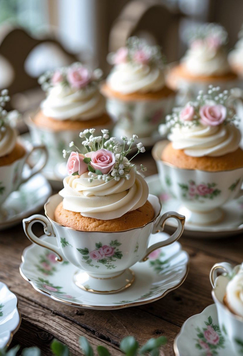 Cupcakes decorated with flowers served in vintage teacups arranged on a wooden table.