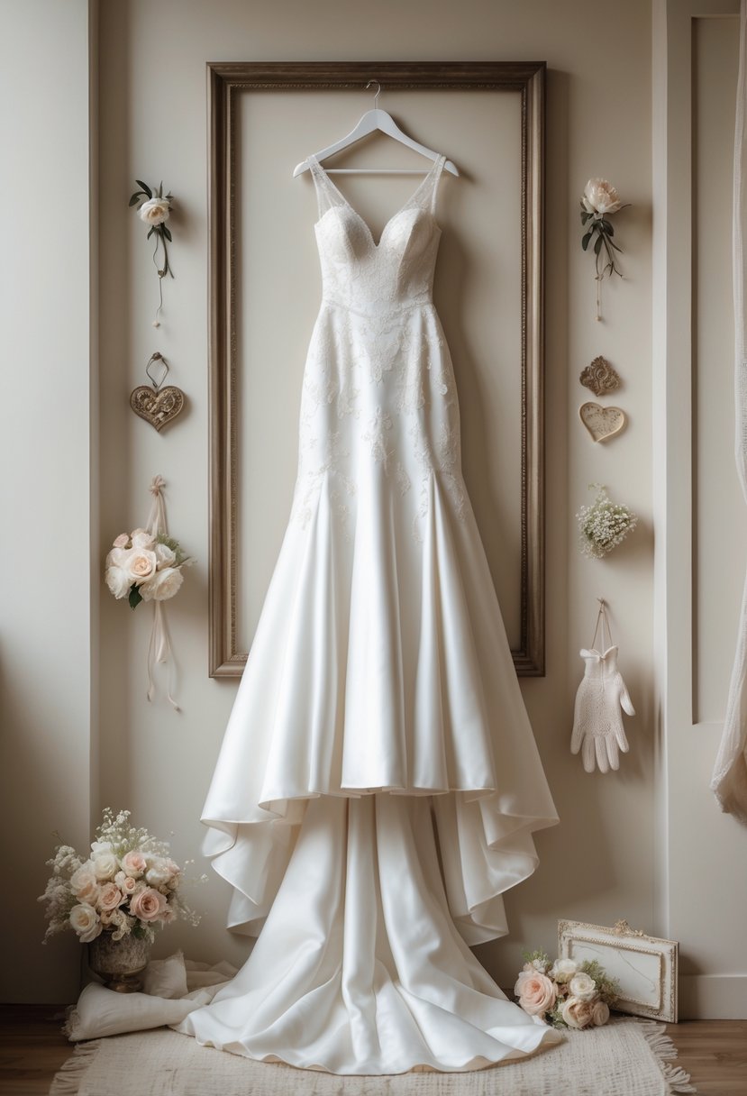 Framed wedding dress displayed on a wall with floral decorations and keepsake items nearby.